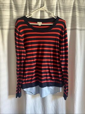 LOFT Red and Navy Striped Layered-Hem Sweater